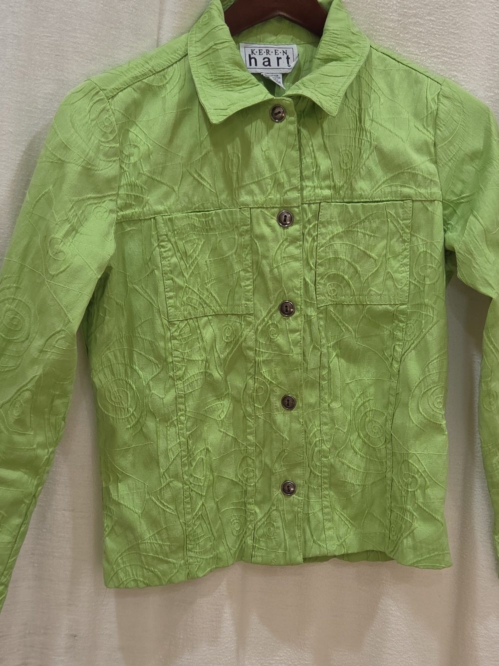 Keren Hart Womens Green Embroidered Collared Button-Front Jacket Pockets S